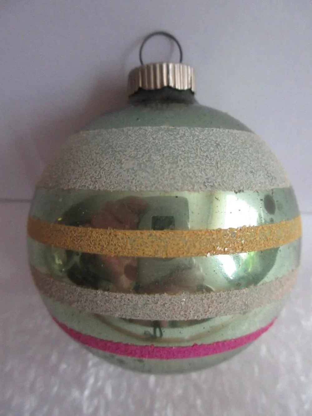 3 Shiny Brite Striped Mica Glass Christmas Ornaments Green, Pink, White Vtg